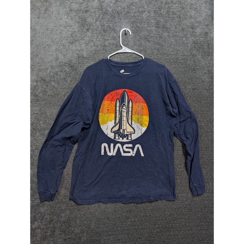 NASA Space Shuttle Graphic Long Sleeve T-Shirt Navy Blue Distressed Logo Mens L